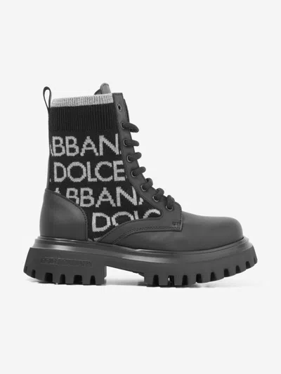Dolce & Gabbana Kids' Boys Leather Logo Combat Boots In Black