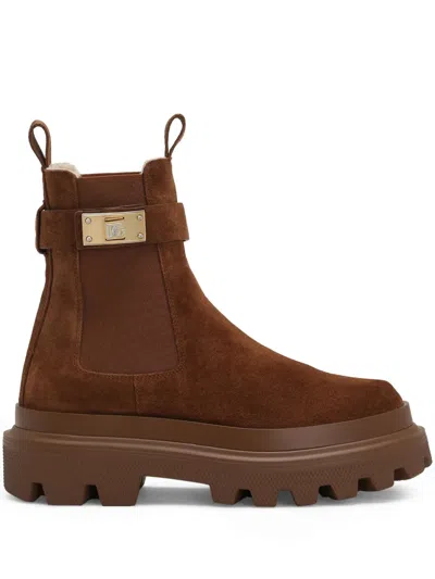Dolce & Gabbana Suede Buckle Faux Fur Chelsea Booties In Cammello