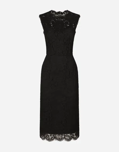 Dolce & Gabbana Branded Stretch Lace Calf-length Dress In Black