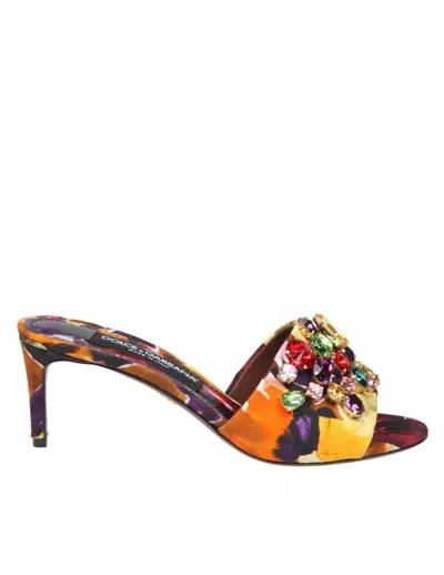 Dolce & Gabbana Slippers In Brocade Fabric With Colored Stones In Brown
