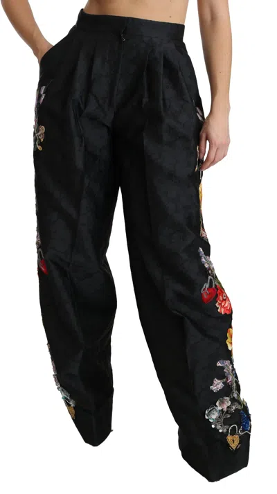 Dolce & Gabbana Brocade Floral Sequined Beaded Trousers In Black