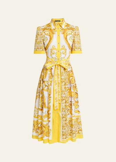 Dolce & Gabbana Majolica Poplin Midi Shirt Dress In Yellow Prt