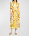 Dolce & Gabbana Maiolica Belted Pleated Printed Cotton-poplin Midi Dress In Yellow Prt