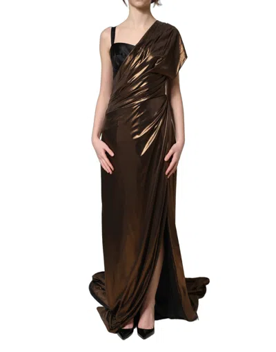 Pre-owned Dolce & Gabbana Bronze Asymmetrical Draping Oneshoulder Women's Dress () In Brown