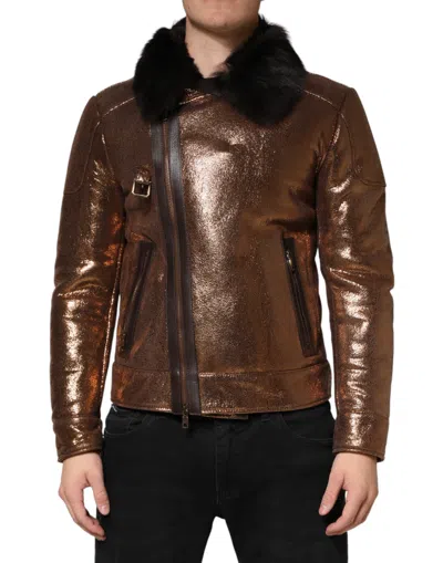 Dolce & Gabbana Bronze Leather Fur Full Zip Men Biker Jacket In Brown