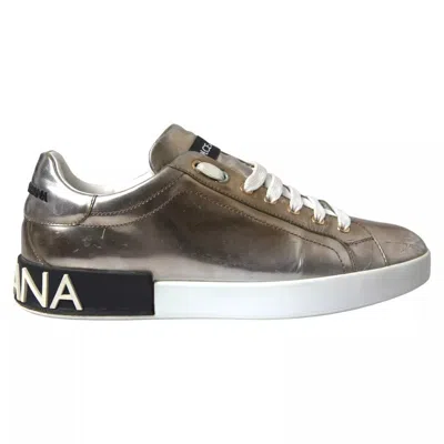 Pre-owned Dolce & Gabbana Bronze Leather Logo Sneaker Portofino Men's Shoes ()