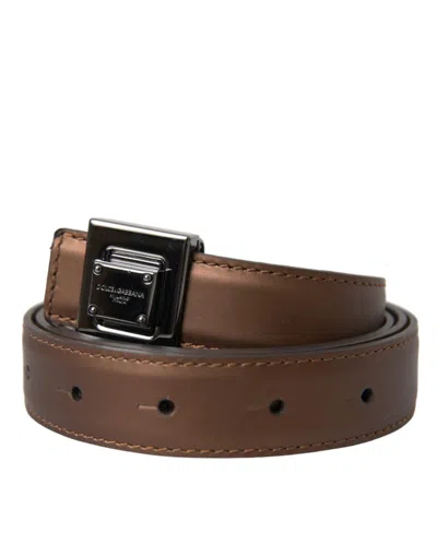Dolce & Gabbana Bronze Leather Square Metal Buckle Women's Belt In Brown