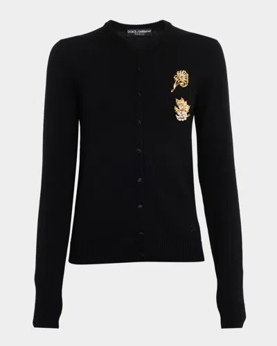 Dolce & Gabbana Brooch Crewneck Cardigan In Black