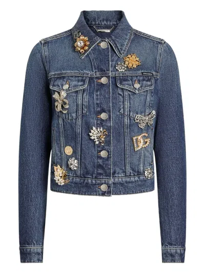 Dolce & Gabbana Brooch-embellished Denim Jacket In Blue
