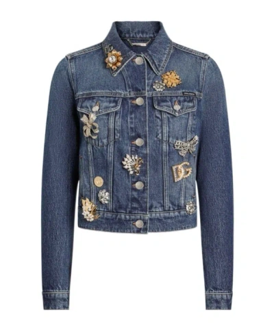 Dolce & Gabbana Brooch-embellished Denim Jacket In Blue