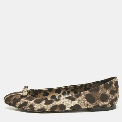 Pre-owned Dolce & Gabbana Brown Animal Print Canvas Bow Detail Ballet Flats Size 39.5