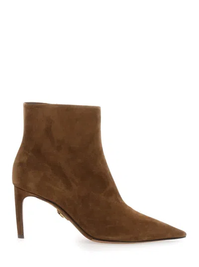 DOLCE & GABBANA BEIGE ANKLE BOOTS WITH POINTED TOE AND METALLIC LOGO IN SUEDE WOMAN