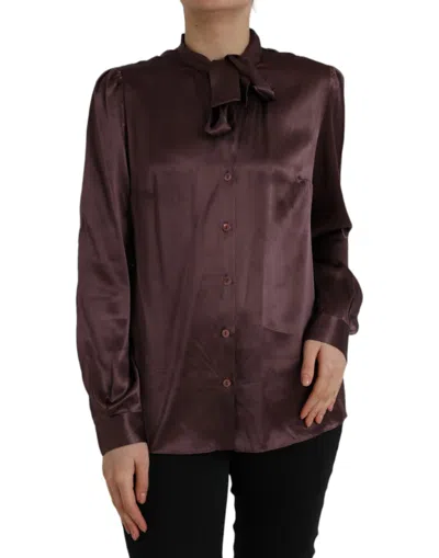Pre-owned Dolce & Gabbana Brown Ascot Collar Long Sleeve Top Women's Blouse ()