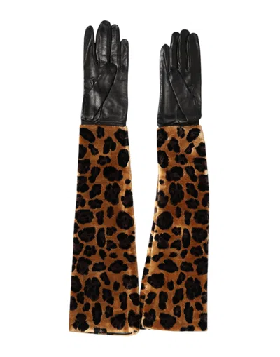 Dolce & Gabbana Brown Black Leopard Leather Elbow Length Mitten Women's Gloves In Multi