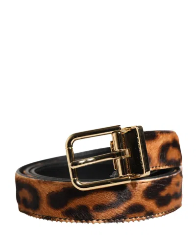 Dolce & Gabbana Brown Calf Fur Leopard Metal Buckle Belt