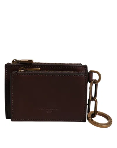 Pre-owned Dolce & Gabbana Brown Calf Leather Zip Logo Keyring Coin Purse Men Men's Wallet ()
