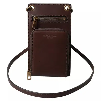 Pre-owned Dolce & Gabbana Brown Calf Leather Zip Logo Shoulder Neck Strap Men's Wallet ()