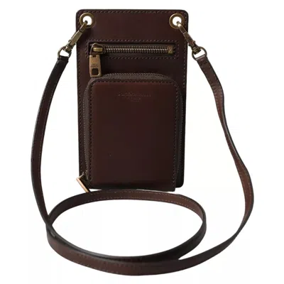 Dolce & Gabbana Brown Calf Leather Zip Logo Shoulder Neck Strap Women's Wallet