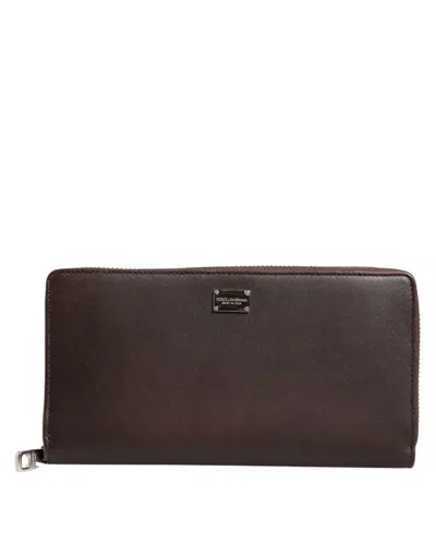 Pre-owned Dolce & Gabbana Brown Calfskin Leather Logo Zip Around Continental Men's Wallet ()