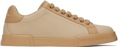 Dolce & Gabbana Brown Calfskin Nappa Portofino Sneakers In Beige