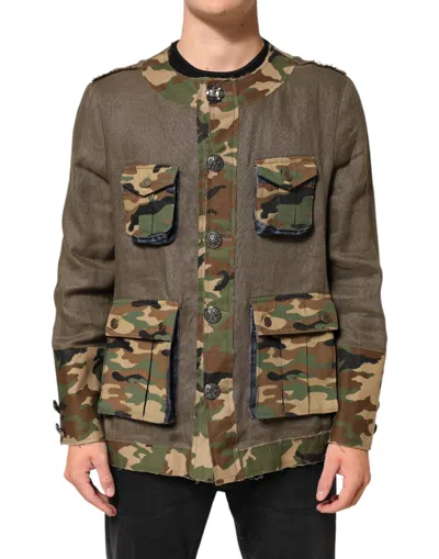 Dolce & Gabbana Brown Camouflage Linen Button Down Jacket In Gray