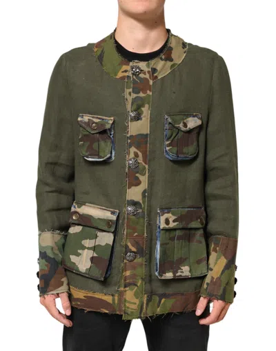Dolce & Gabbana Brown Camouflage Linen Button Down Jacket In Green