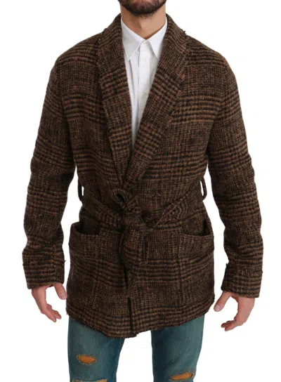 Dolce & Gabbana Brown Checkered Wool Robe Coat  Wrap Men's Jacket
