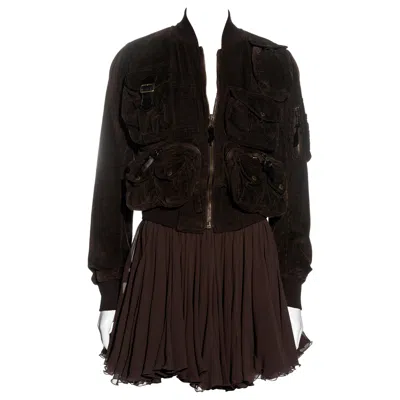 Pre-owned Dolce & Gabbana Brown Corduroy Multipocket Jacket And Mini Skirt Set, Fw 2002