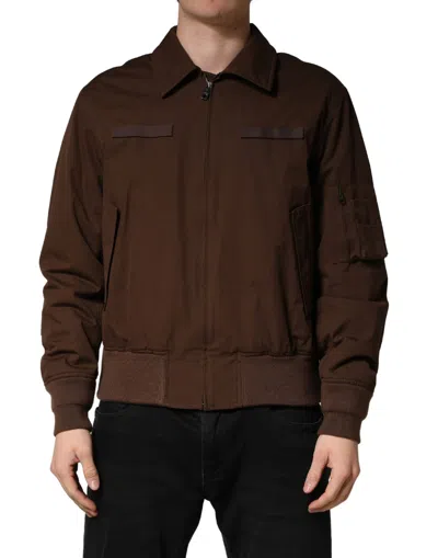 Dolce & Gabbana Brown Cotton Stretch Full Zip Bomber Jacket In Burgundy