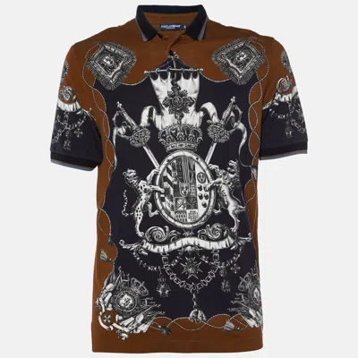Pre-owned Dolce & Gabbana Brown Crown Print Cotton Pique Polo T-shirt L