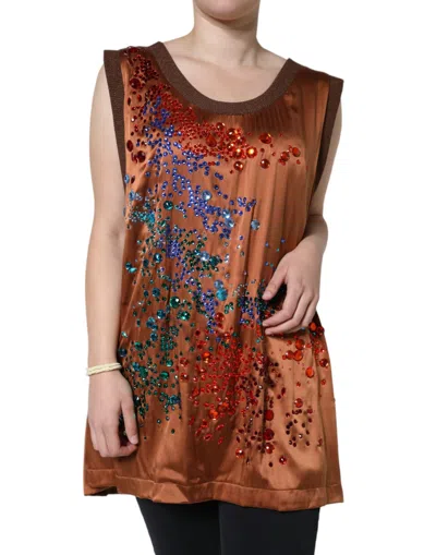 Pre-owned Dolce & Gabbana Brown Crystal Embellished Sleeveless Tank Women's Top ()