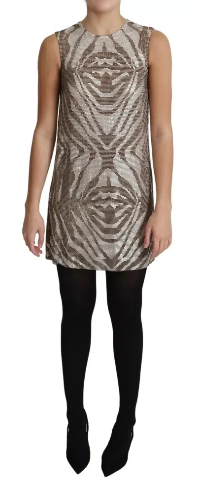 Pre-owned Dolce & Gabbana Brown Crystal Shift Mini Zebra Silver Women's Dress ()