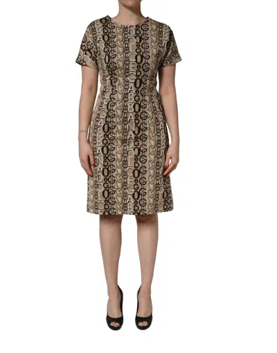 Dolce & Gabbana Brown Dg Logo Chain Short-sleeve Sheath Dress In Multi