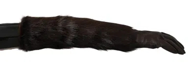 Dolce & Gabbana Brown Elbow Length Mittens Leather Fur Women's Gloves
