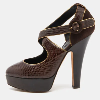 Pre-owned Dolce & Gabbana Brown Embossed Lizard And Suede Cross Ankle Strap Platform Pumps Size 39