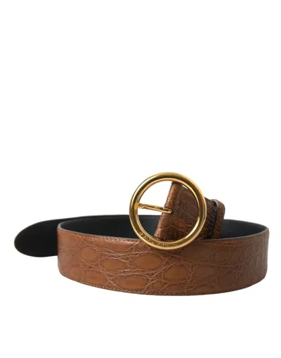 DOLCE & GABBANA BROWN EXOTIC LEATHER ROUND BUCKLE BELT