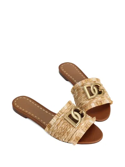 Dolce & Gabbana Bianca Dg Logo Leather Flat Sandals In Multi