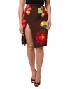 Dolce & Gabbana Brown Floral High Waist Side Slit Skirt