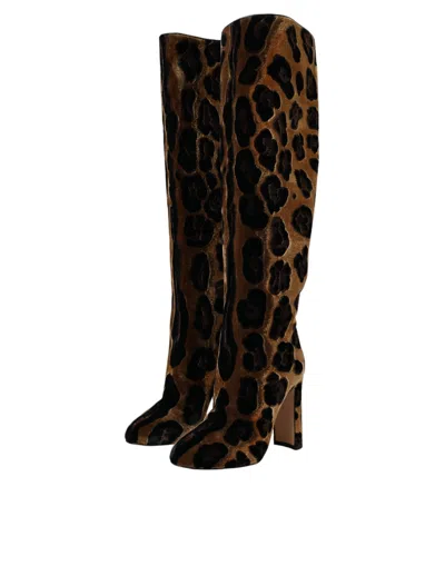 Dolce & Gabbana Brown Giraffe Velvet Leather Boots Shoes In Animal Print
