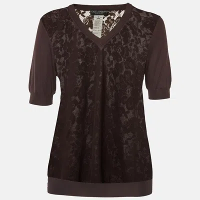 Pre-owned Dolce & Gabbana Brown Jersey And Lace Sheer Back Top L