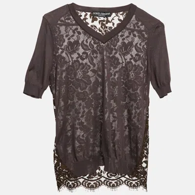 Pre-owned Dolce & Gabbana Brown Jersey And Lace V-neck Top S