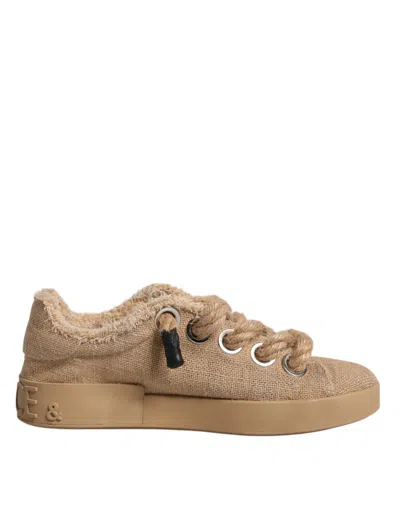 Dolce & Gabbana Brown Jute Fabric Low Top Men Trainers Shoes