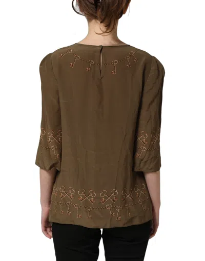 Dolce & Gabbana Brown Keys Roses Printed Silk Blouse Top In Black