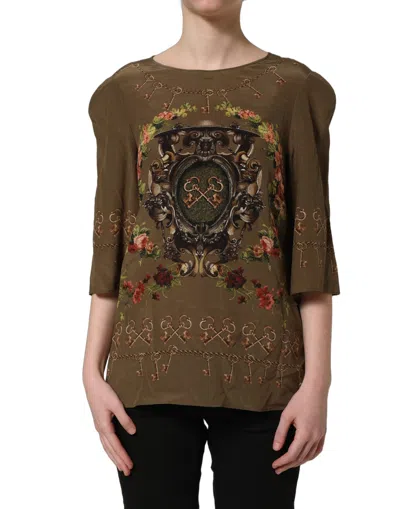 Dolce & Gabbana Brown Keys Roses Printed Silk Blouse Women's Top