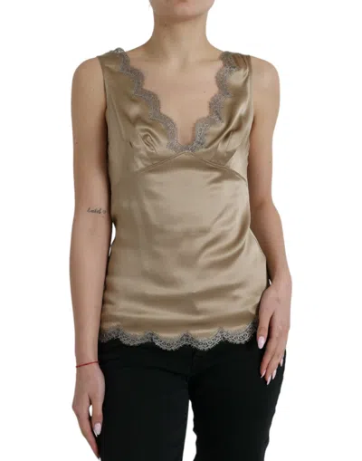 Pre-owned Dolce & Gabbana Brown Lace Trim V-neck Sleeveless Tank Women's Top ()