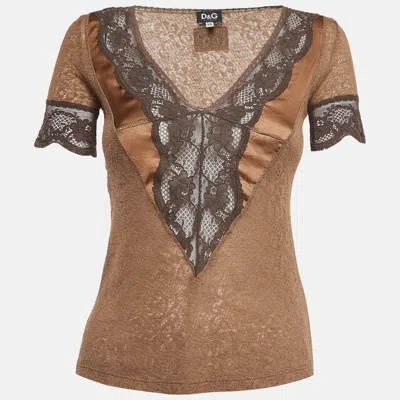 Pre-owned Dolce & Gabbana Brown Lace V Neck Top Xs