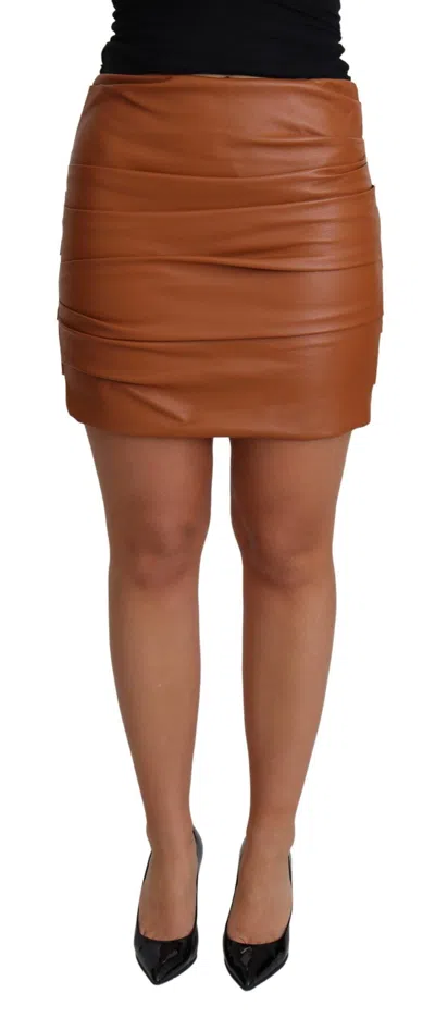 Dolce & Gabbana Brown Lambskin High Waist Mini Pleated Women's Skirt
