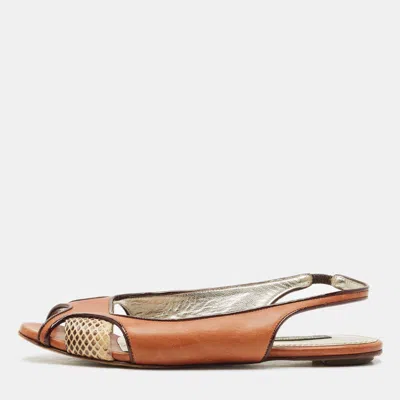 Pre-owned Dolce & Gabbana Brown Leather And Snakeskin Leather Flat Sandals Size 37