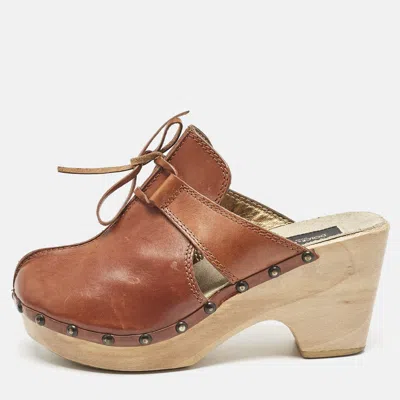 Pre-owned Dolce & Gabbana Brown Leather Bow Wooden Clogs Size 39