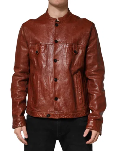 DOLCE & GABBANA DOLCE & GABBANA BROWN LEATHER BUTTON DOWN MEN BIKER MEN'S JACKET